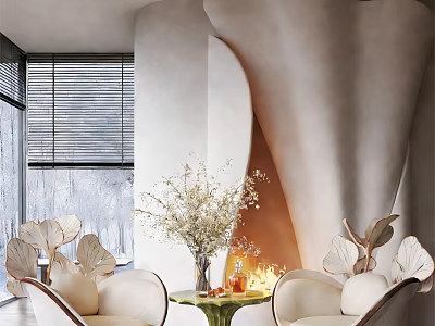Elegant Modern Interior With Stylish Leisure Chairs Green Table And Flower Arrangement 3d model