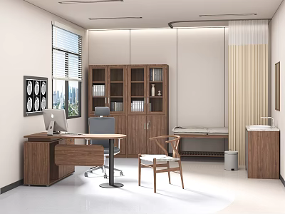 Medical Office Interior With Wooden Desk Computer Bookshelf Examination Bed And Sink 3d model