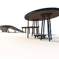 Curved Metal Frame Pergola Design With Wooden Bench And Round Outdoor Table