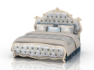 Elegant Double Bed with Tufted Upholstered Headboard and Patterned Bed Linens 3d model
