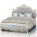 Elegant Double Bed with Tufted Upholstered Headboard and Patterned Bed Linens
