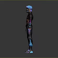 Futuristic Tech Inspired Game Movie Character In Black Outfit With Blue Helmet And Neon Accents