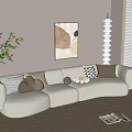 Beige Curved Three-Seater Sofa With Textured Cushions Abstract Painting And Spiral Floor Lamp