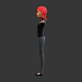 Red Haired Female Character In Black Top And Gray Pants With Arms Outstretched On Gray Background