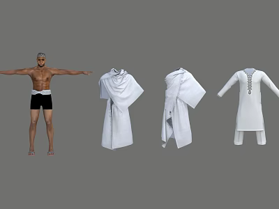 A Man in Black Shorts With Bare Torso and Three White Robes of Different Styles 3d model