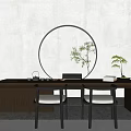 Wooden Tea Table With Comfortable Chairs White Cushions Round Mirror And Green Plants
