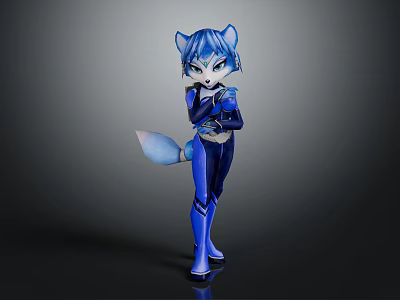 Anthropomorphic Blue Fox Character With Blue Fur Tail And Tight Outfit Standing Pose 3d model