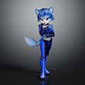 Anthropomorphic Blue Fox Character With Blue Fur Tail And Tight Outfit Standing Pose