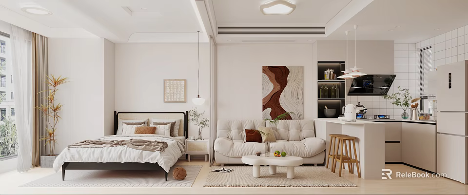 Cozy Light Colored Apartment With Bed Sofa Coffee Table And Art 3d model 