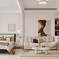 Cozy Light Colored Apartment With Bed Sofa Coffee Table And Art