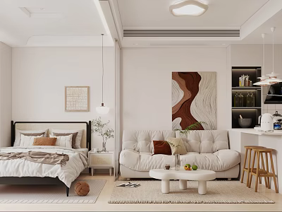 Cozy Light Colored Apartment With Bed Sofa Coffee Table And Art 3d model