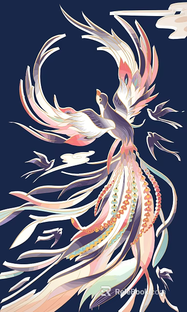 Vibrant Phoenix as Game and Movie Character with Colorful Feathers Flowing Ribbons and Beaded Details 3d model 