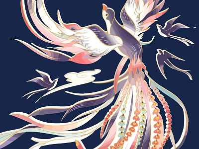 Vibrant Phoenix as Game and Movie Character with Colorful Feathers Flowing Ribbons and Beaded Details 3d model