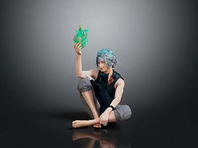 Game Movie Character With Blue Gray Hair Holding Green Glowing Object Sitting Barefoot 3d model