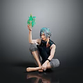 Game Movie Character With Blue Gray Hair Holding Green Glowing Object Sitting Barefoot