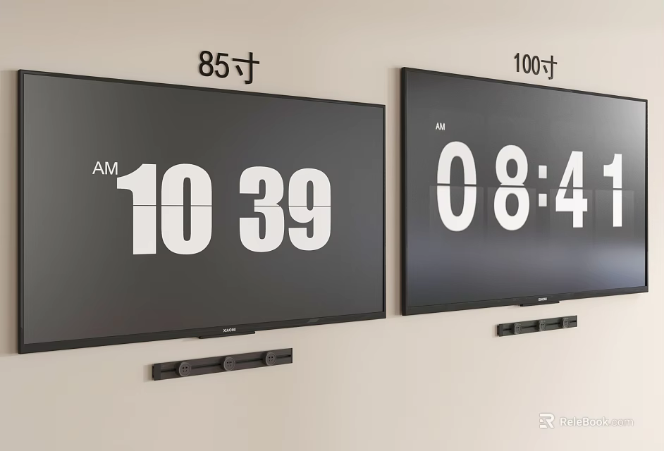 Wall Mounted 85 and 100 Inch TVs Displaying Time on Screens 3d model