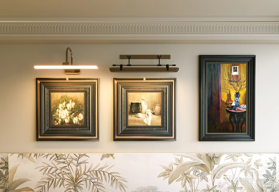Abstract Paintings Framed On Wall With Modern Lighting And Floral Pattern Cushions 3d model 