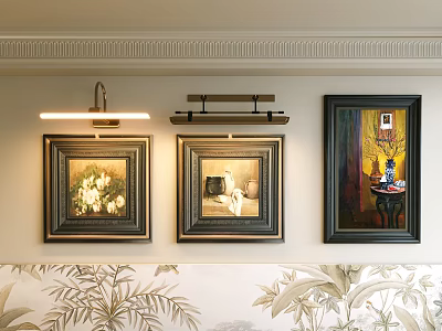 Abstract Paintings Framed On Wall With Modern Lighting And Floral Pattern Cushions 3d model