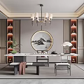 Traditional Study Room Interior With Circular Landscape Painting Elegant Chandelier Built in Shelves And Wooden Desk