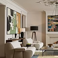Elegant Bright Spacious Living Room With Fireplace Chandelier Artworks Indoor Plants And Comfortable Sofas