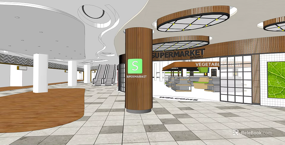 Shopping Mall Hall Interior Featuring Supermarket Vegetable Section Columns Stairs And Checkerboard Floor 3d model 