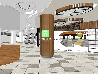 Shopping Mall Hall Interior Featuring Supermarket Vegetable Section Columns Stairs And Checkerboard Floor 3d model