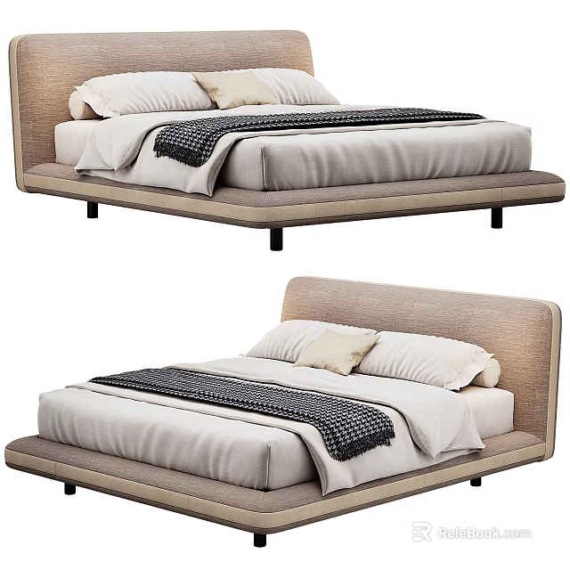 Modern Double Bed With Upholstered Headboard Soft Bedding And Decorative Pillows 3d model 