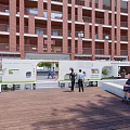 Sunny Courtyard Garden Landscape with Red Brick Buildings Wooden Deck Colorful Trees and Benches