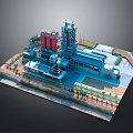 Industrial Factory Complex Layout Featuring Tall Tower Red Silos Blue Buildings And Equipment