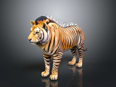 Orange and Black Striped Tiger With Spiked Mane Standing On Dark Reflective Surface 3d model