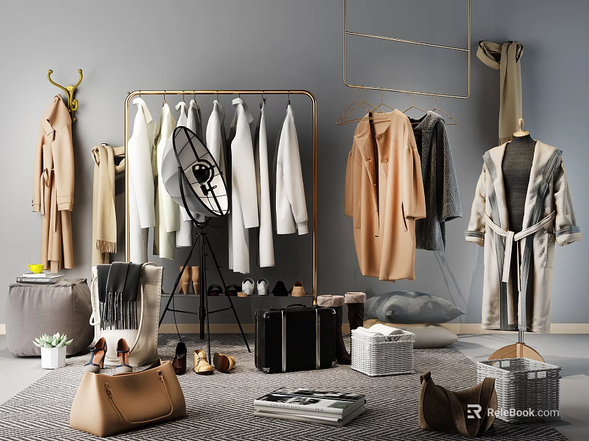 Stylish Clothes Hanger with Hanging Coats Shirts Bags Shoes and Baskets in Modern Room 3d model 