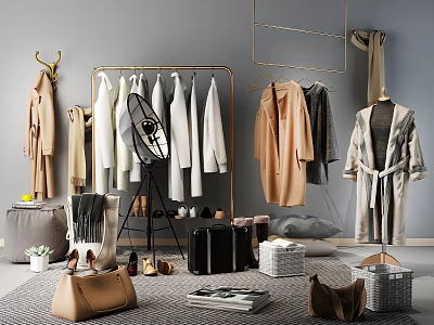 Stylish Clothes Hanger with Hanging Coats Shirts Bags Shoes and Baskets in Modern Room 3d model