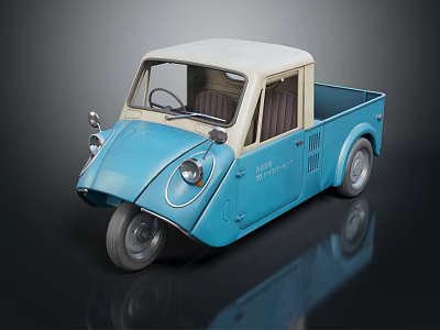 Vintage Blue Three Wheeled Truck Model With White Roof And Seats On Black Background 3d model