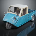 Vintage Blue Three Wheeled Truck Model With White Roof And Seats On Black Background