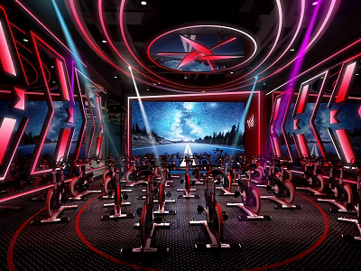 Fitness Studio Interior With Spin Bikes Large Screen Starry Sky Forest Background Red Purple Lighting 3d model