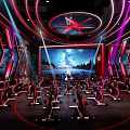 Fitness Studio Interior With Spin Bikes Large Screen Starry Sky Forest Background Red Purple Lighting 3d model