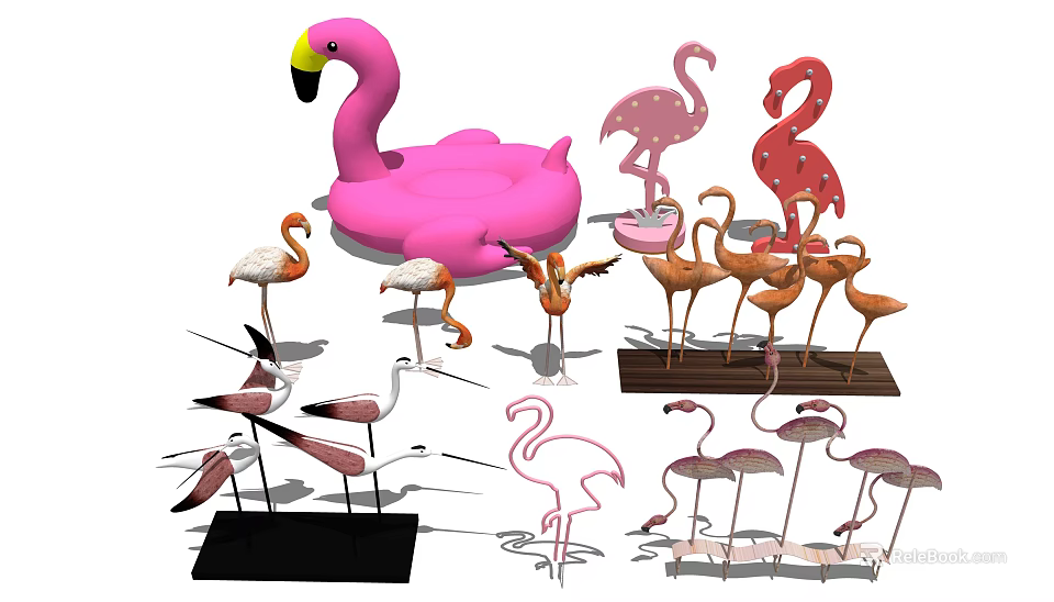 Decorative Flamingos In Various Colors And Styles Including Inflatable Standing And Flying Ornaments 3d model 