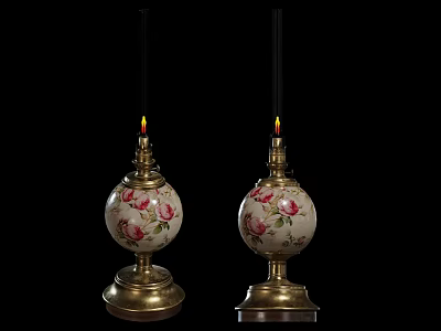 Vintage Floral Pattern Candle Holders With Lit Candles And Metal Bases On Black Background 3d model