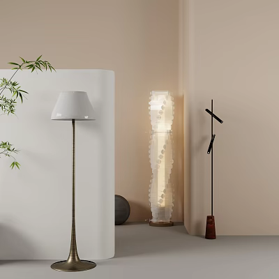 Modern Floor Lamps With White And Textured Shades In Light Colored Interior With Bamboo 3d model