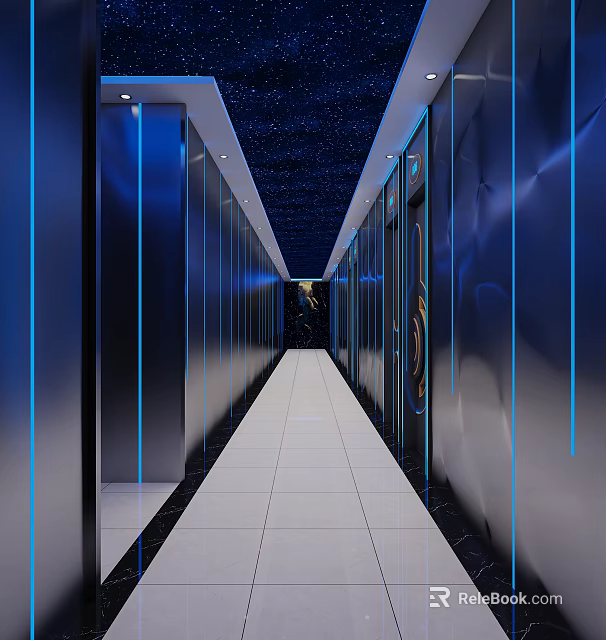 Modern KTV Corridor With Blue Lighting And Starry Ceiling 3d model