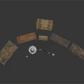 Various Vintage Wooden Trunks With Metal Accents And Decorative Objects 3d model