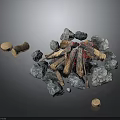 Pile of Natural Wood Pieces and Stone Rocks with Various Sizes and Textures