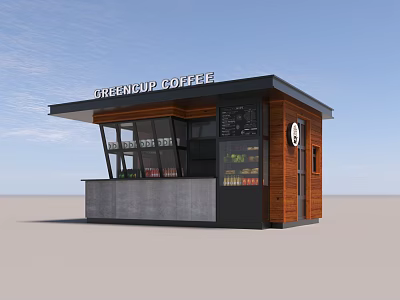 Greencup Coffee Kiosk Style Shop With Large Windows Wooden Gray Exterior Design And Menu 3d model