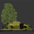 Cartoon Scene Featuring Yellow Car On Circular Road With Street Lamp And Green Tree