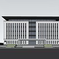 Modern Government Office Building With Red Flag Glass Curtain Wall Entrance Trees And Cars Around