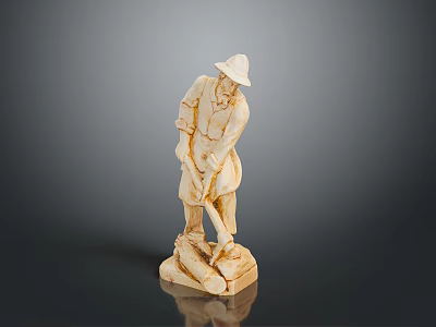 Elegant Hand Carved Farmer Statue With Hat Holding Hoe On Reflective Base 3d model