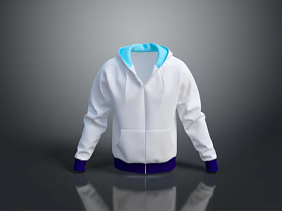 White Zippered Hoodie With Light Blue Hood Lining Purple Cuffs And Hem Pockets 3d model