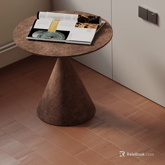 Modern Brown Side Table Round Top Conical Base with Stacked Magazines in Living Room Space 3d model 