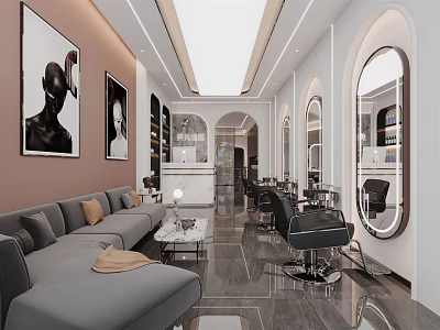 Modern Beauty Hair Salon Interior With Gray Sofa Round Mirrors Black Chairs And Marble Flooring 3d model