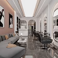 Modern Beauty Hair Salon Interior With Gray Sofa Round Mirrors Black Chairs And Marble Flooring